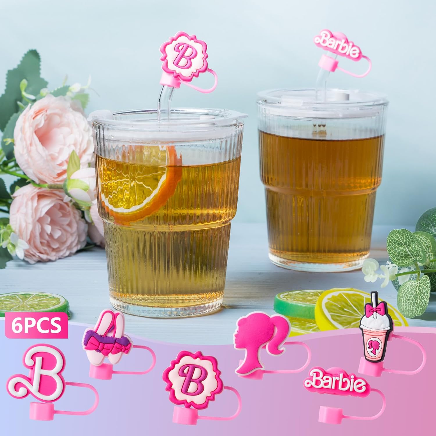 

Straw Cover Cap for Stanley Cup, 6Pcs Cute Hot Pink Straw Topper Compatible with 30&40 Oz Tumbler with Handle, Reusable Silicone Straw Tip Covers as 6P-10mm-Bar-bbie Pink