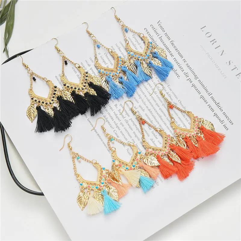 Ethnic Fan-shaped Tassel Dangle Earrings For Women Bohemian Gold Color Leaf Silk Fabric Drop Earring Female Party Jewelry