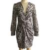 Tief ausgeschnittenes Netz-Langarm-Kleid mit hoher Taille, Hüftumschlag, Chiffon, lebendiger Blumendruck, Taillenknoten, Bodycon-Kleid, Partykleidung