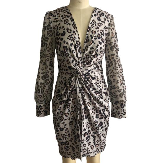 Tief ausgeschnittenes Netz-Langarm-Kleid mit hoher Taille, Hüftumschlag, Chiffon, lebendiger Blumendruck, Taillenknoten, Bodycon-Kleid, Partykleidung