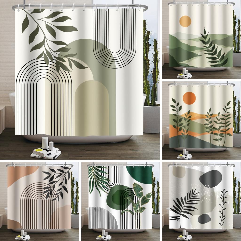 Abstract Bohemian Shower Curtains Medieval Arch Sun Leaf Modern Minimalist Line Geometric Decorative Bathroom Waterproof Curtain