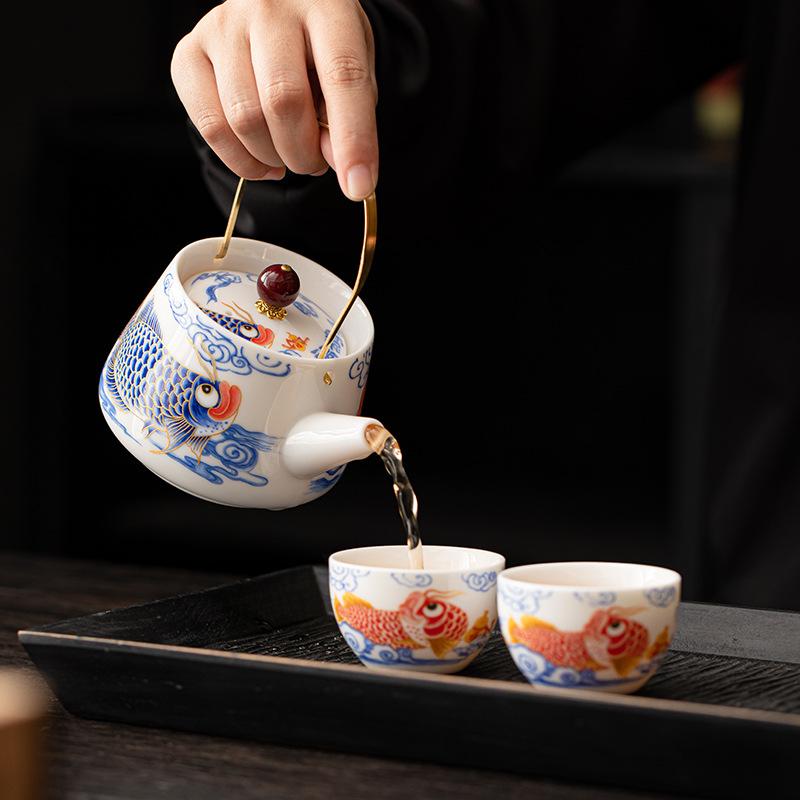 Suet Jade Arowana Beam Pot Household Teapot Tea Drinking Guochao Tea Kettle Single Pot Tea Breaker Kung Fu Tea Set