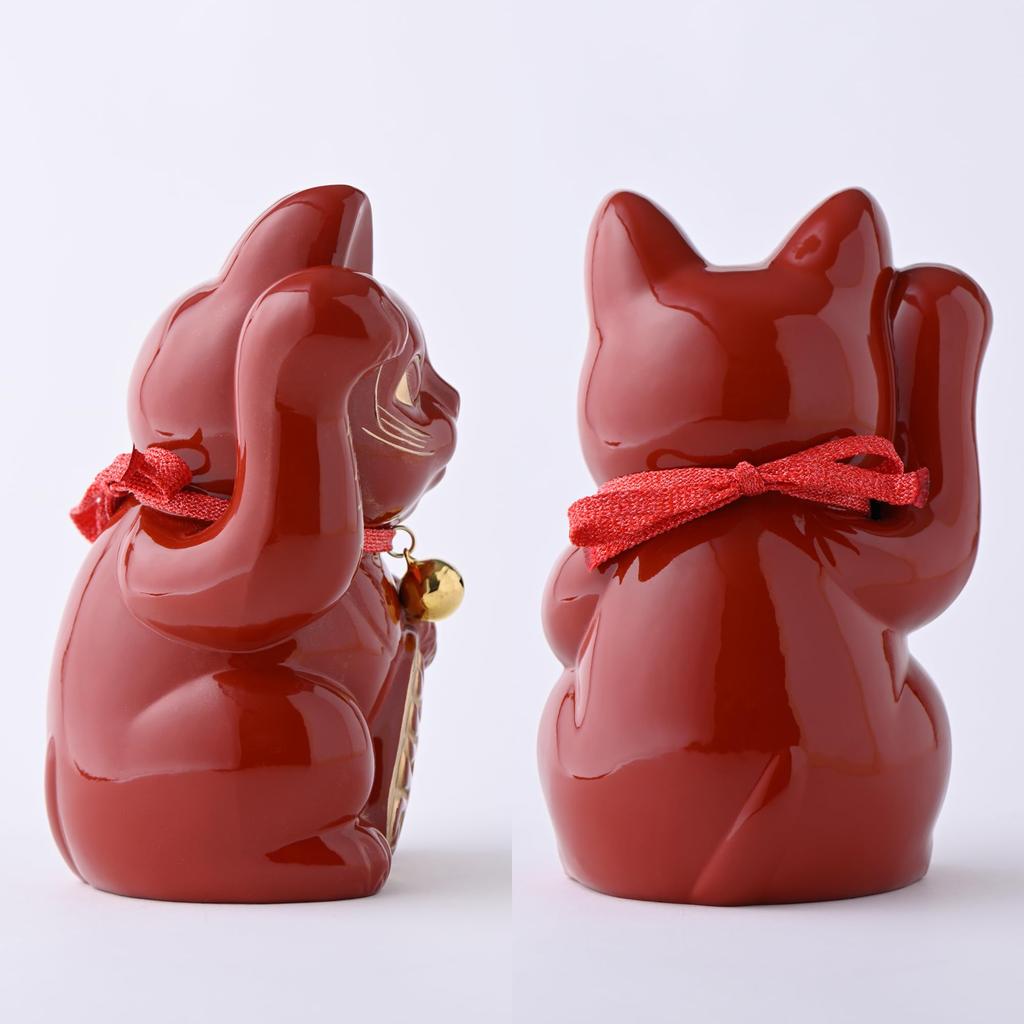 Gingado Maneki Neko Red Right Paw Made of Lucky Good Feng Shui Takaoka Bronze Maneki Neko (Large - 16cm) Lacquer, Raised, Metal, Cat, Luck, Figurine,