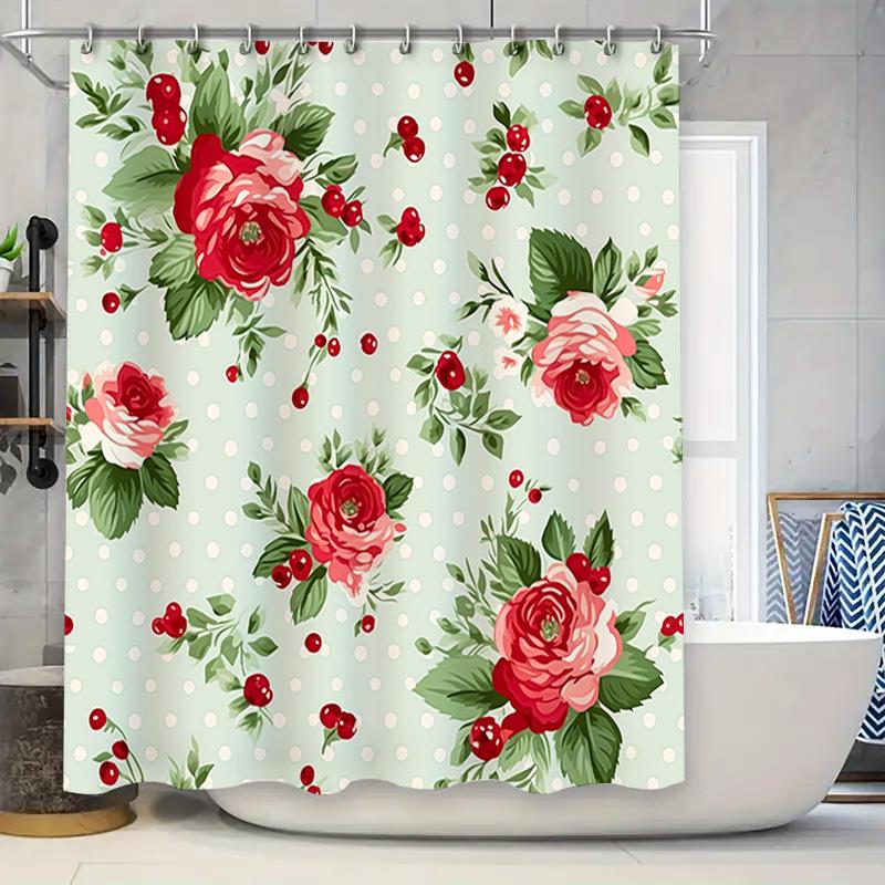 

Polka Dot Floral Print Shower Curtain For Bathroom Decoration Green, Red And White W60H190(CM)-1 Pcs