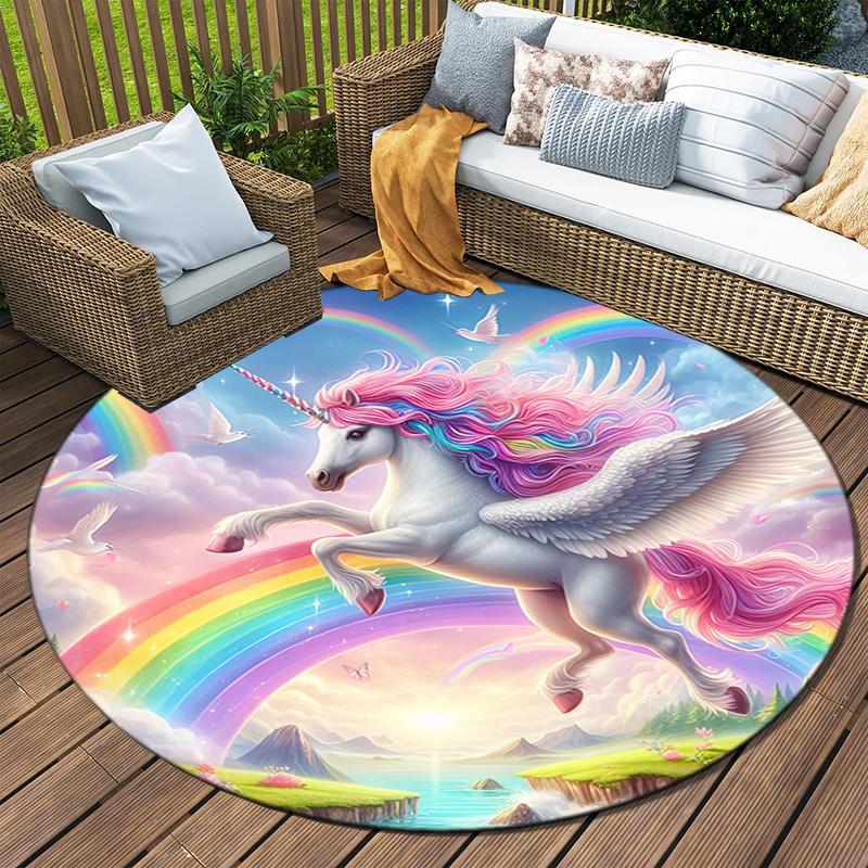 1Pc Cute Unicorn Circular Print Rug - Home Decoration Carpet For Living Room Bedroom Flooring Computer Chair Area Rug