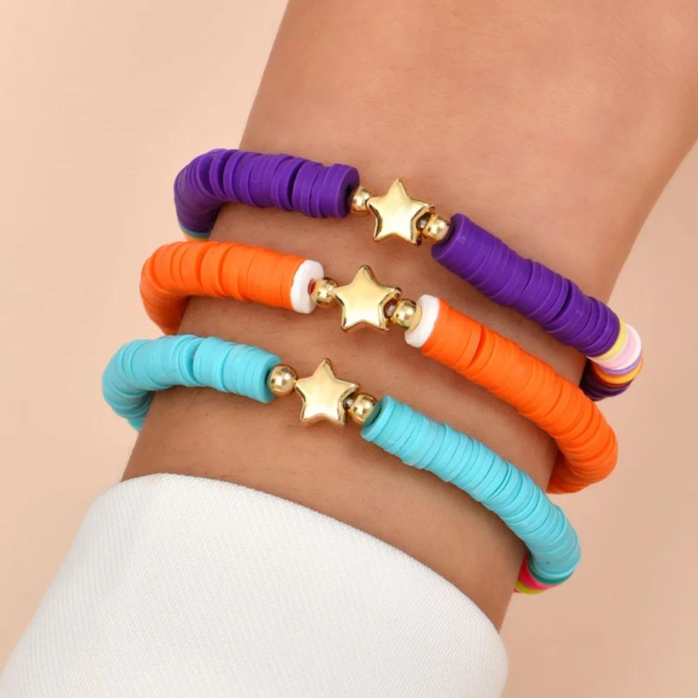 Bohemian Rainbow Stackable Bracelets Set For Women Heart Charm Soft Clay Pottery Layering Beads Chain Bangle Female Boho Jewelry