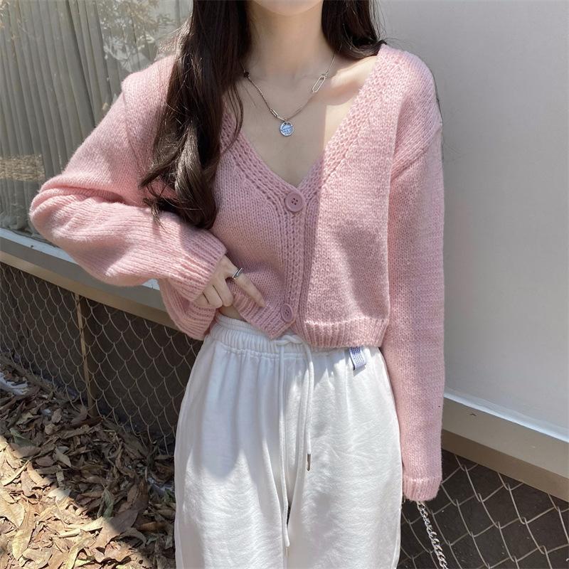 

Autumn and winter shawl with shoulder sweater jacket short pink neck knitted cardigan top women average size розовый