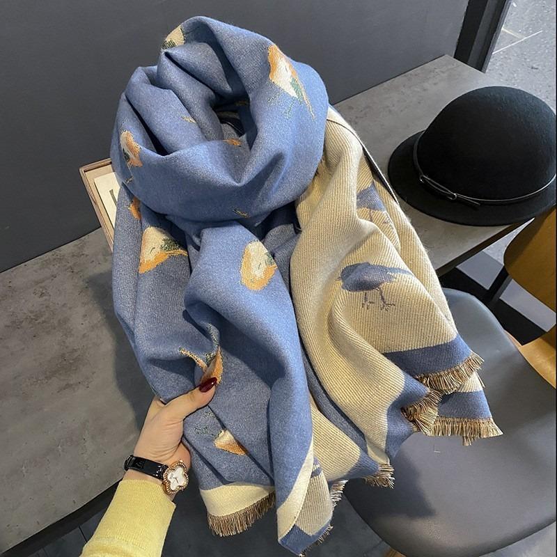 Women S High Grade Thick Warm Faux Cashmere Scarf Green Bird Pattern Air Conditioning Shawl Long Neck Wrap