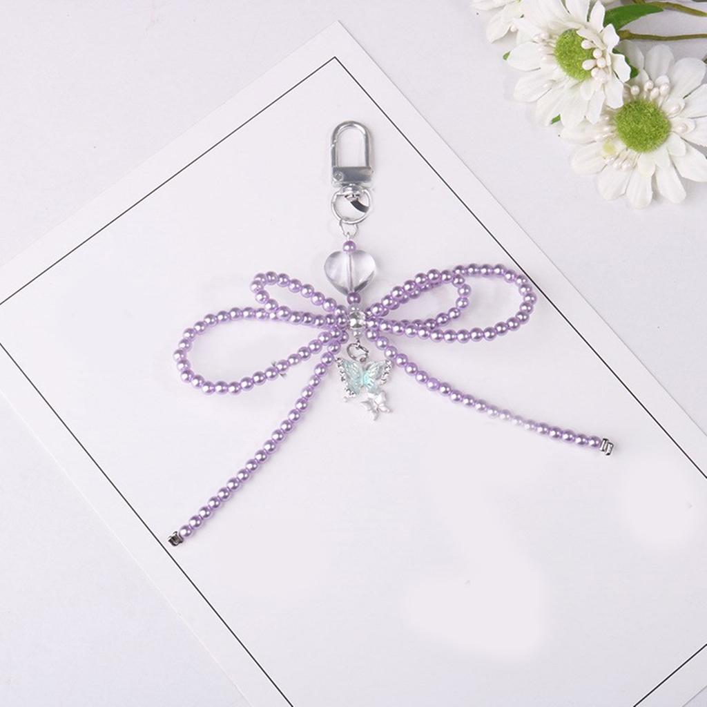 Double Layer Bowknot Keychain Pendant Pearls Beaded Butterfly Knot Key Chain Fashionable Bow Ornament for Phones and Bag