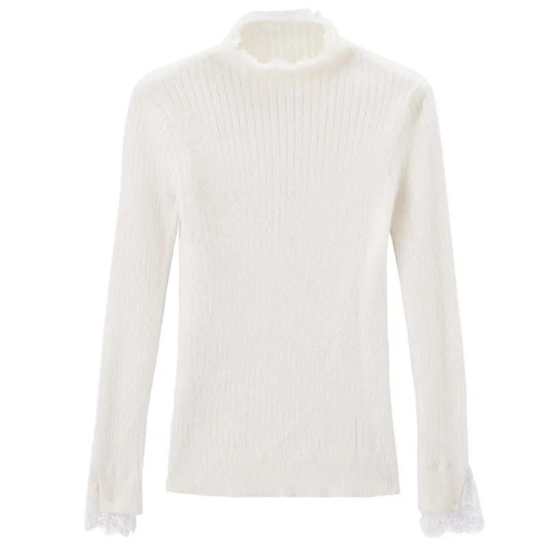 Fleece-Pullover für Damen, Herbst und Winter, halber Rollkragen, Spitzeneinsätze, großzügiger Schnitt, eng anliegendes Strick-Unterhemd