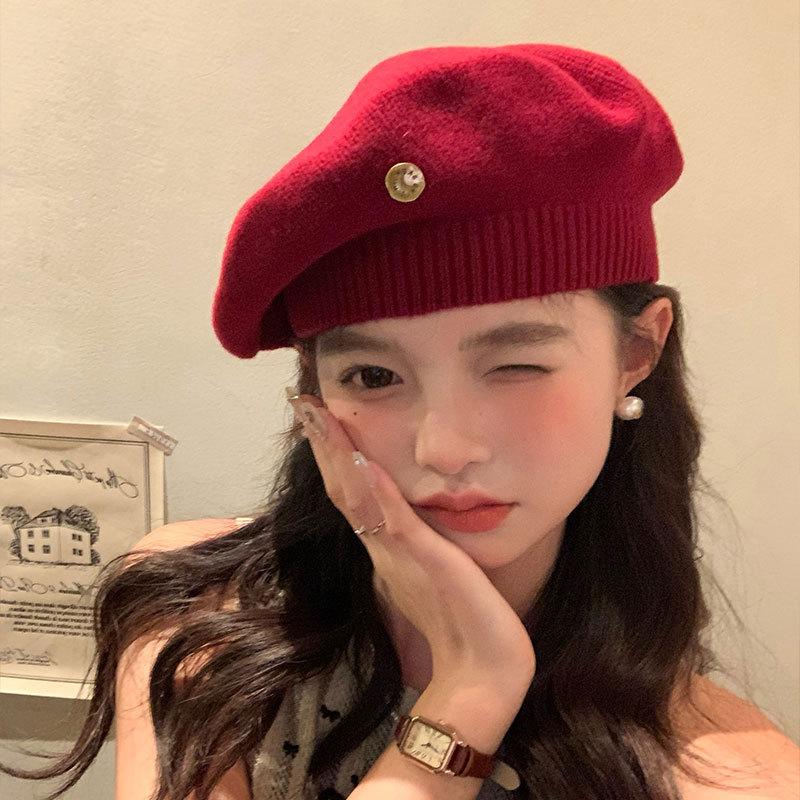 New Ankora Red Wool Knitted Beret Women's Autumn and Winter Style Big Head Circumference Showing Face Little Painter's Hat