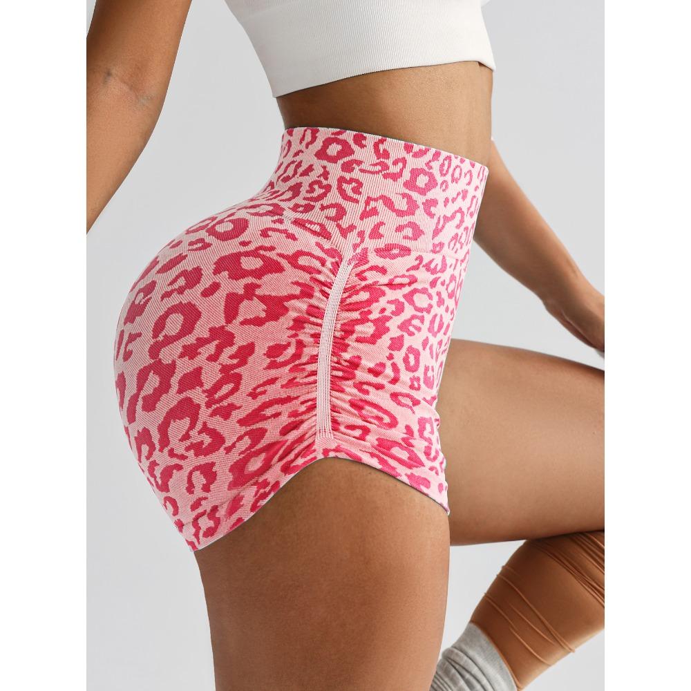 Explosive high-waisted belly-tucking leopard print yoga three-point pants women's buttocks lift tight running peach fitness shorts
