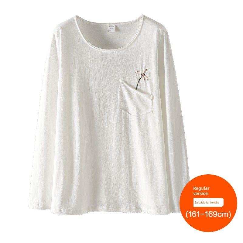 

Limited Edition Plus Size Women s Clothing [Nanfa Vacation] Three Clothes Length Embroider Pocket Long Sleeve T-Shirt 100.00kg Thin Tops Rice White (161-169cm) 8xl