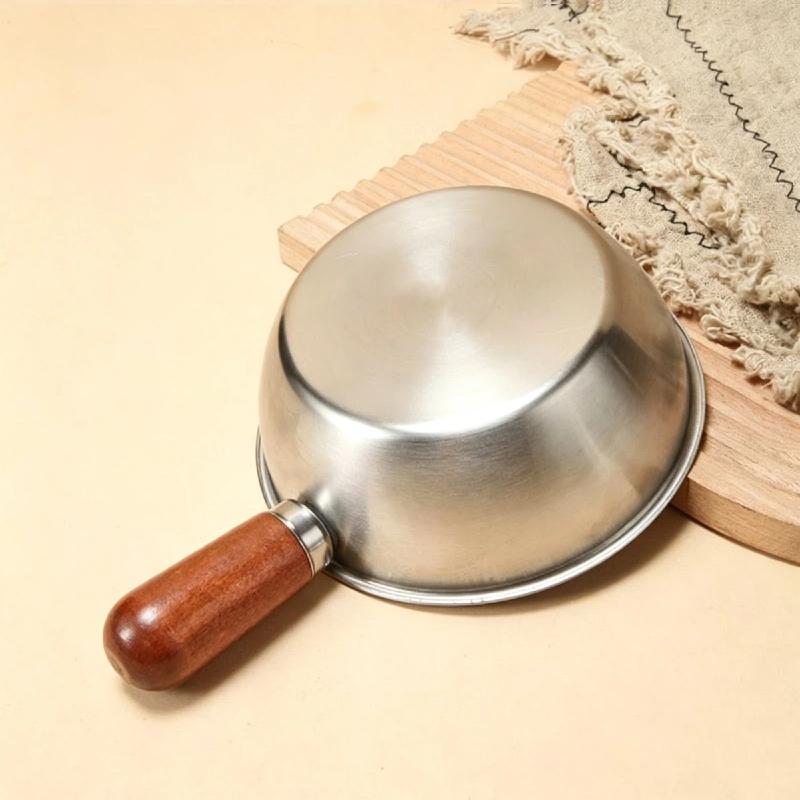 1Pcs Non-Slip Base Even Heat Distribution Milk Pot Stainless Steel Pot With Heat-Resistant Wooden Handle Induction Compatible