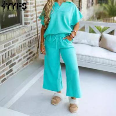 Moda Donna Casual Estate Primavera Tinta Unita Stampa Manica Corta Scollo a V Pantaloni Tuta