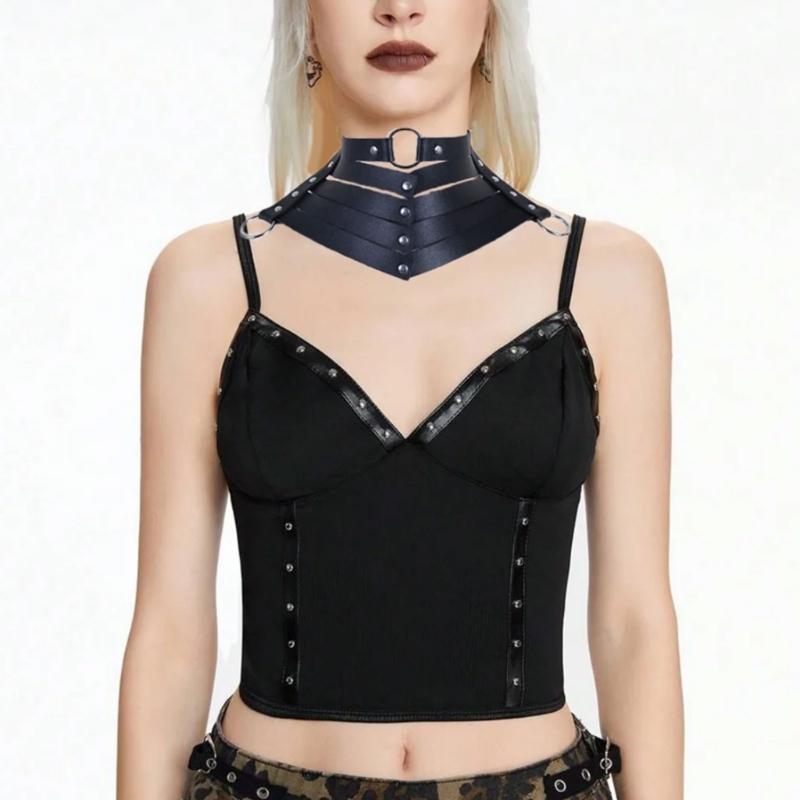 Goth Punk Faux Leather Necklace Adjustable O Ring Bows Tie Necklace Vintage Goth Punk Style Choker for Parties