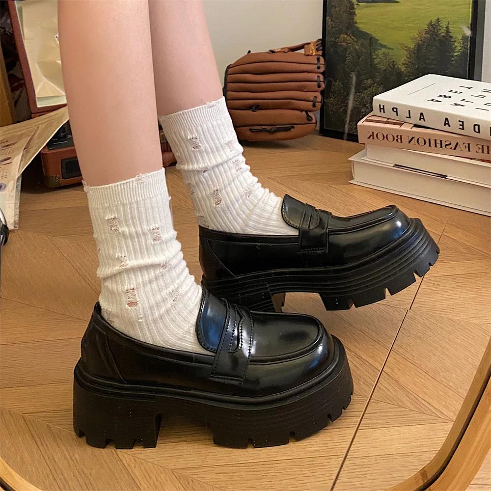 Lakované Mokasíny na Silné Platformě Dámské Japonský Styl Studentské Uniformní Boty Žena Silná Podrážka Protiskluzové Černé Ležérní Boty