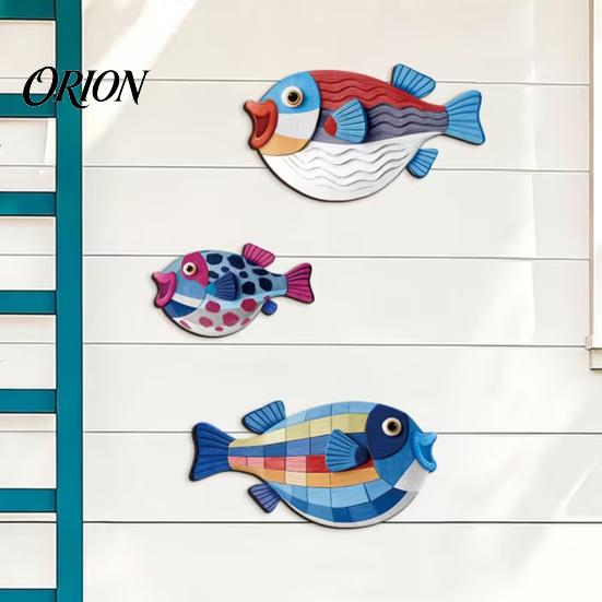 Modern Nursery Wall Art 3Pcs Wooden Fish Art, Nautical Hanging Ornaments, Rustic Ocean Style Punch Free Sculpture, Coastal Decorations for Beach House