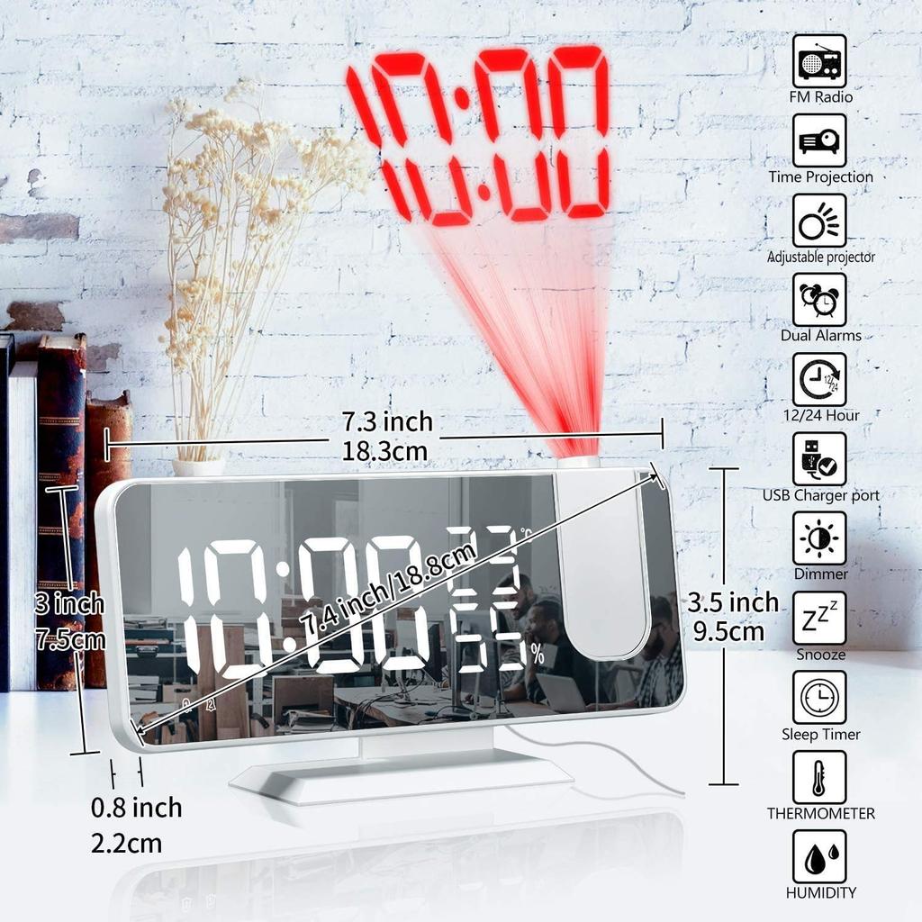 KKYOYRE Projection Clock, Digital Alarm Clock, LED Large Screen, FM Radio, Adjustable Volume, Temperature and Humidity Display, USB Powered, Four