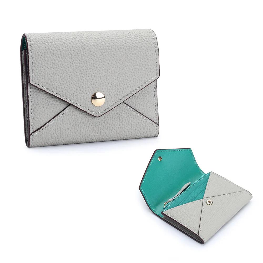 Short Envelope Wallets Genuine Leather Small Wallet for Women Credit Card Holder Compact Leather Hasp Purses with Zipper Pocket
