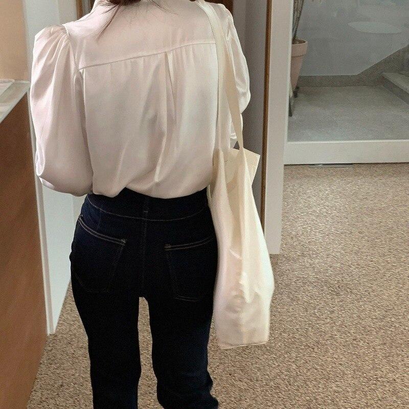 2023 New Fashion Satin Button Lapel Shirt Elegant Puff Sleeve Shirt Loose Women Tops White Women Blouse Blusas Mujer 12635