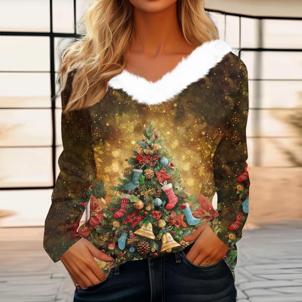 Dames Juleprintet Langermet Party Plysj Hals V-hals Topp