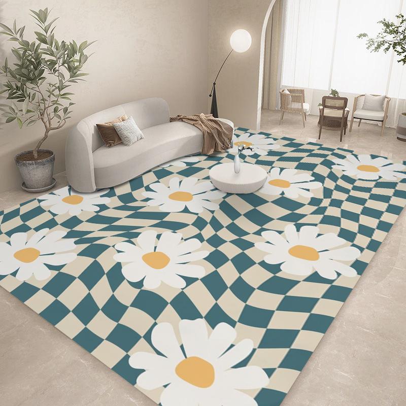 Checkered Floral Rug for Living Room Checkerboard Carpet Bedroom Bedside Rug Sofa Table Area Rug Floor Mats Anti-Slip Doormat
