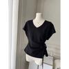 Cotton Large Size Bat Sleeves Tied At the Waist Design V-neck Short-sleeved T-shirt for Women Summer Korean Tops