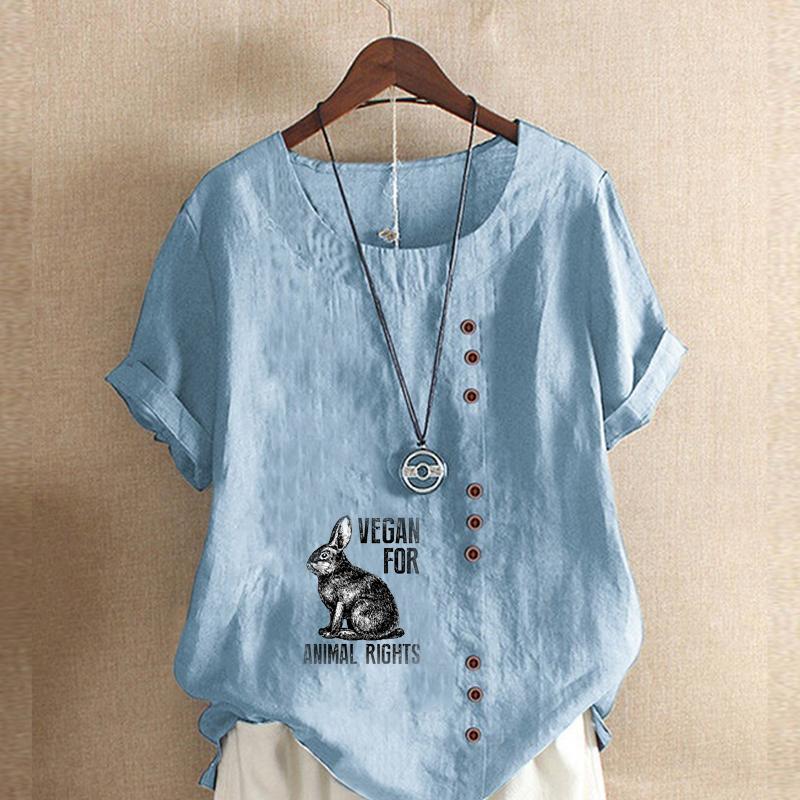 Women's Fashion Cute Rabbit Prined Round Neck Short Sleeve T-shirt Casual Cotton Linen Graphic Shirt Leisure Loose Summer Blouse Tops