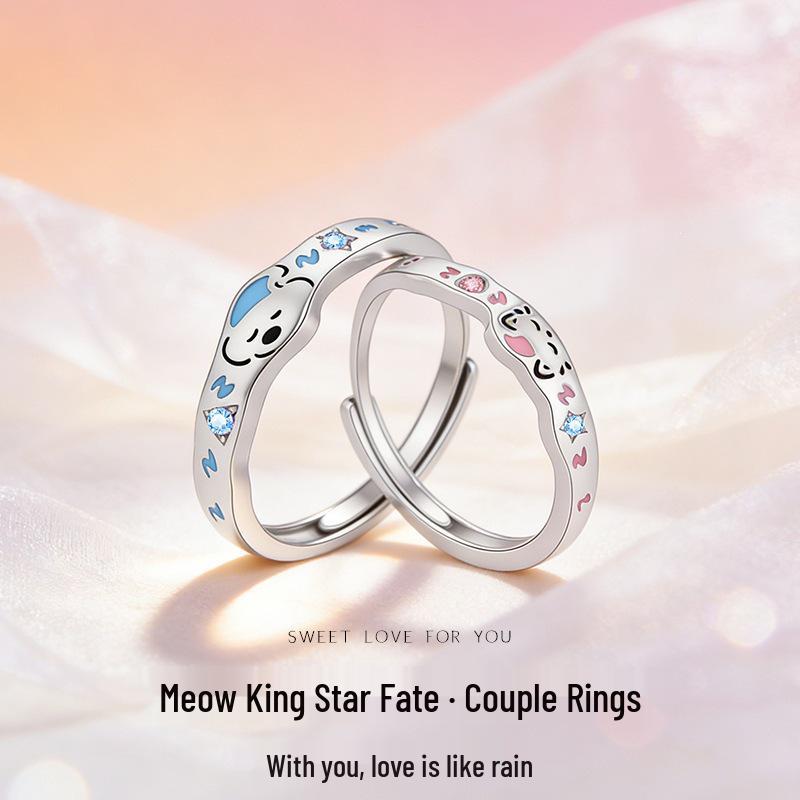 Sterling Silver Meow Couple Rings: Cute Pet Adjustable Luxury Dopamine Design