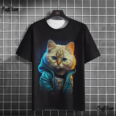 Erkek T-Shirt Karikatür 3d Kedi Baskı Hayvan Tees Kısa Kollu O-Boyun Kazak Moda Streetwear Büyük Boy Giyim Erkek T Shirt