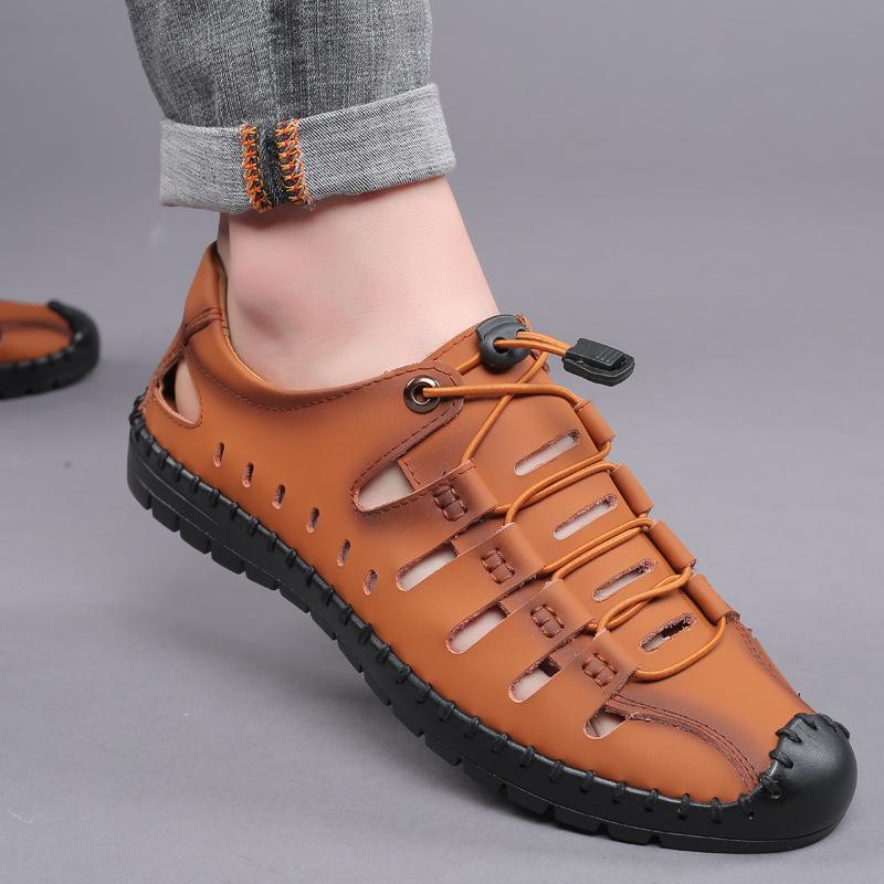 Summer New Men's Sandals Leather Casual Shoes Men's Hollow Breathable Hole Shoes Leather Shoes Trade Men's Shoes