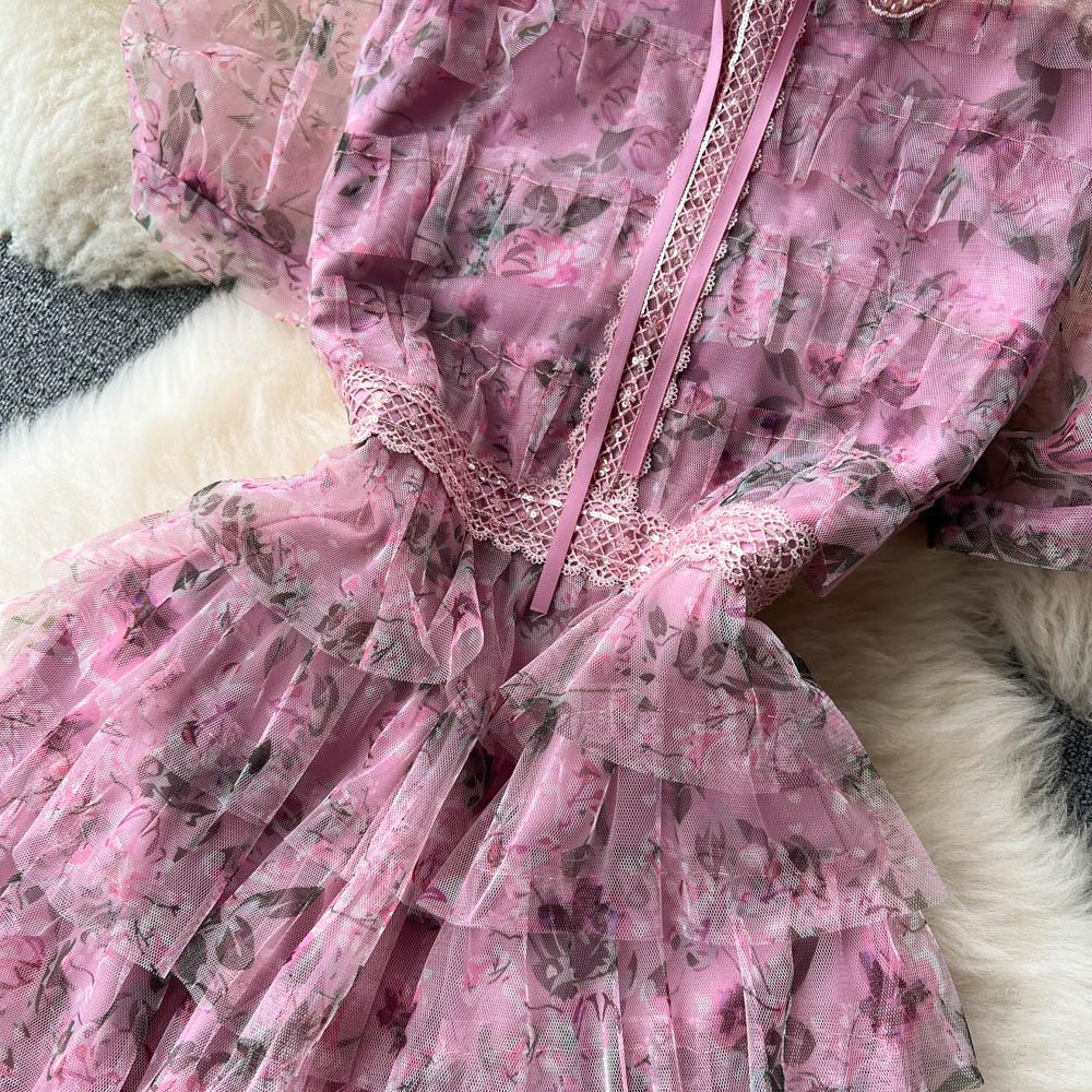 Été doux filles perles perles broderie robe de fleur femmes manches bouffantes impression maille dentelle couche gâteau en cascade robe de bal robes de soirée