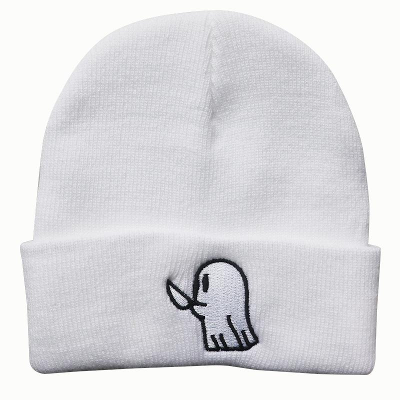 Unisex Student Hip-hop Cute Cartoon Hat with Ghost Embroidery, Knitted Beanie, Outdoor Sports Warm Hat