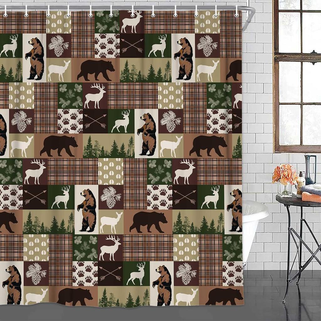 Drgilau Farmhouse Shower Curtain Rustic Bear Shower Curtain for Bathroom, Rustic Cabin Bath Curtains Decor Waterproof Farmhouse Country Bear Moose