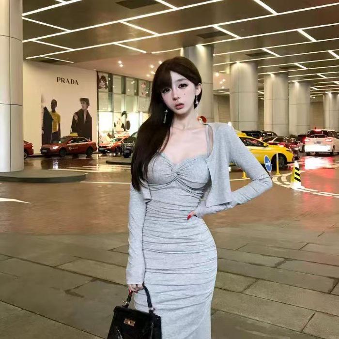 Stylish Pleated Spaghetti Strap Dress & Cardigan Set for Women Small