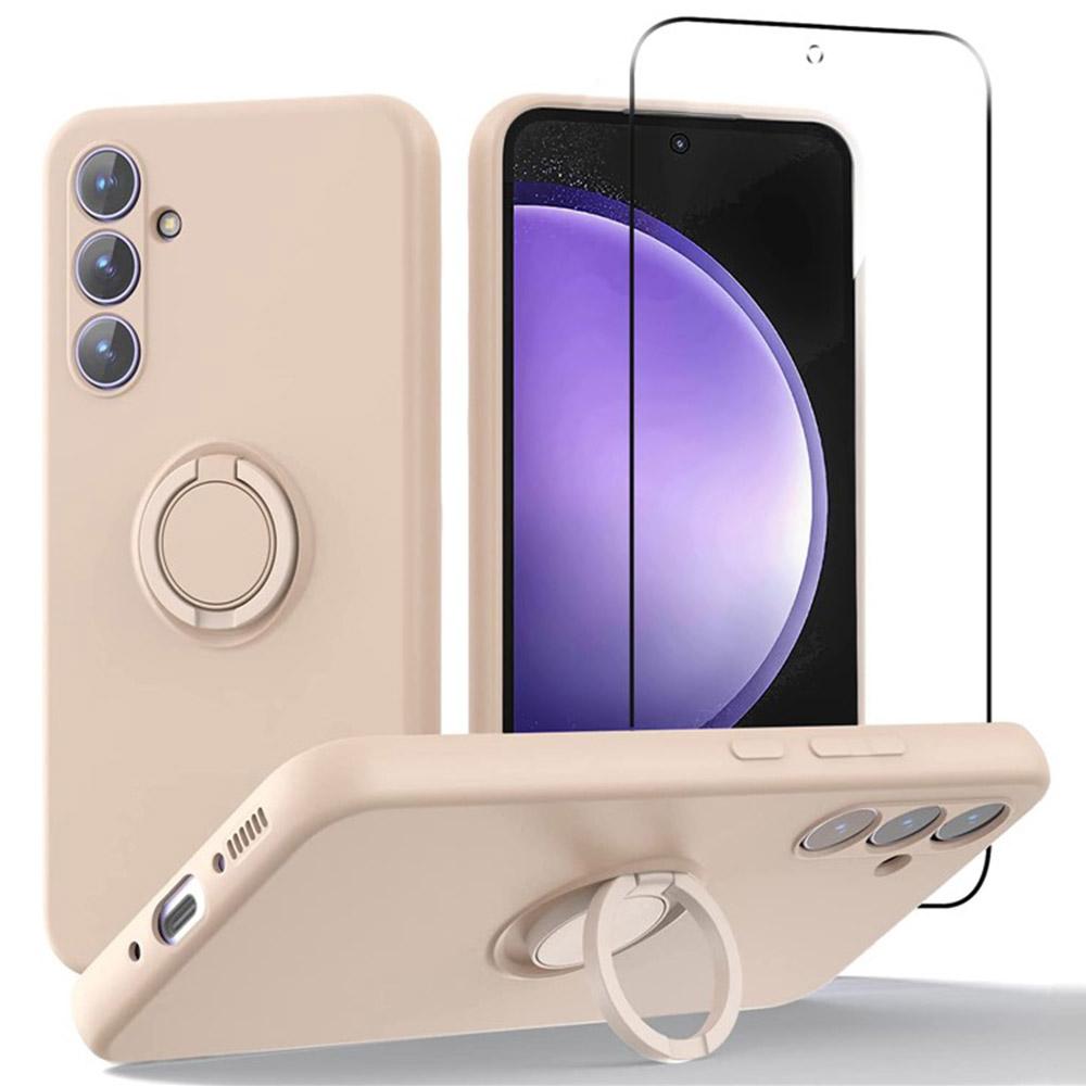 

For Samsung Galaxy A36 5G Case Liquid Silicone Kickstand Cover with 2.5D Arc Edge Tempered Glass Film Pink