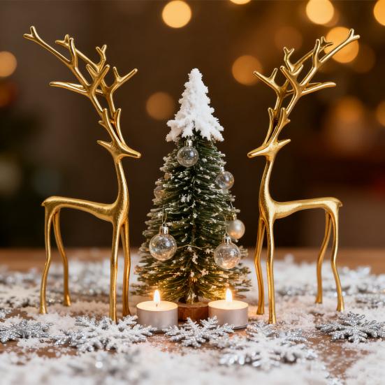 Minimalist Reindeer Statue Artistic Alloy Deer Sculpture Modern Abstract Golden Reindeer Ornament for Christmas