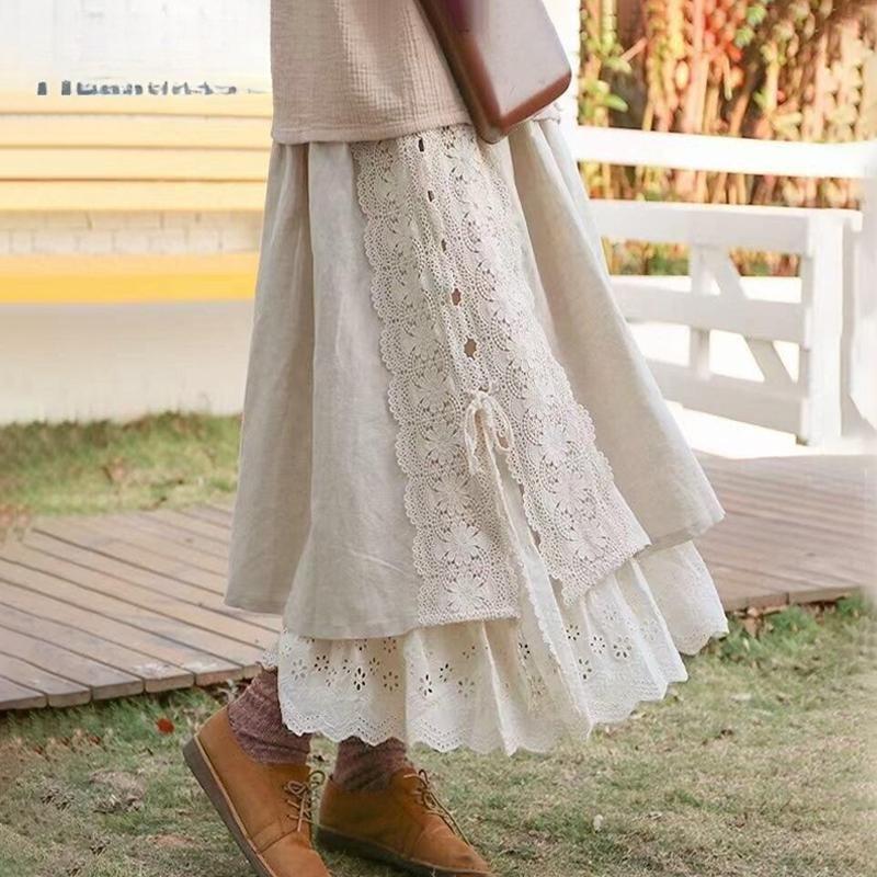Damen Stickerei Elastischer Bund Midi Rock mit Seitenband Patchwork Frühling und Sommer Freizeitrock