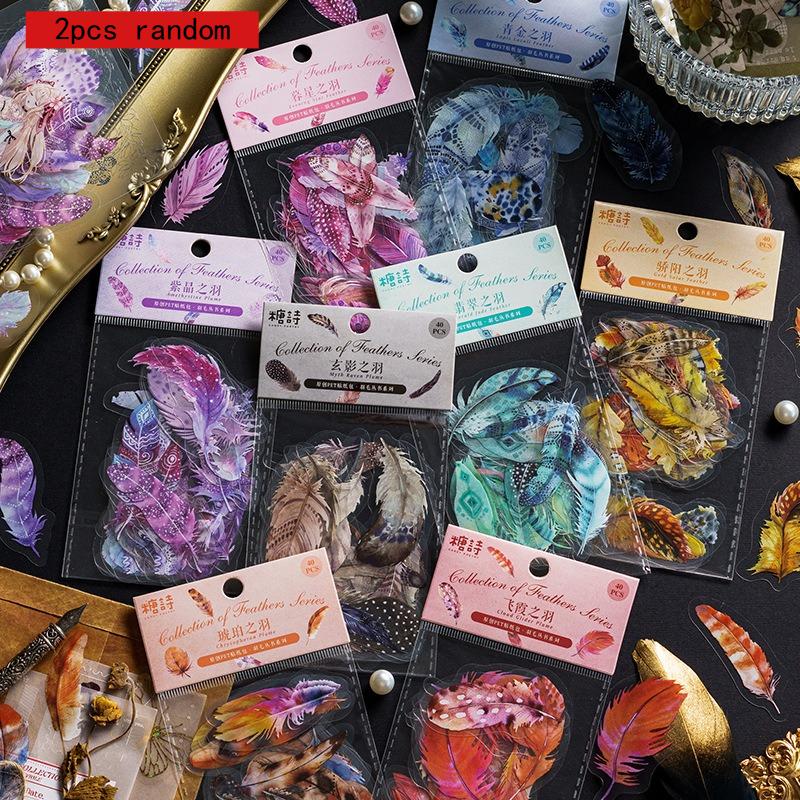 Office School Supplies PET Sticker Pack Feather Book Series Retro Waterproof Handbag DIY Collage Decoration Materials