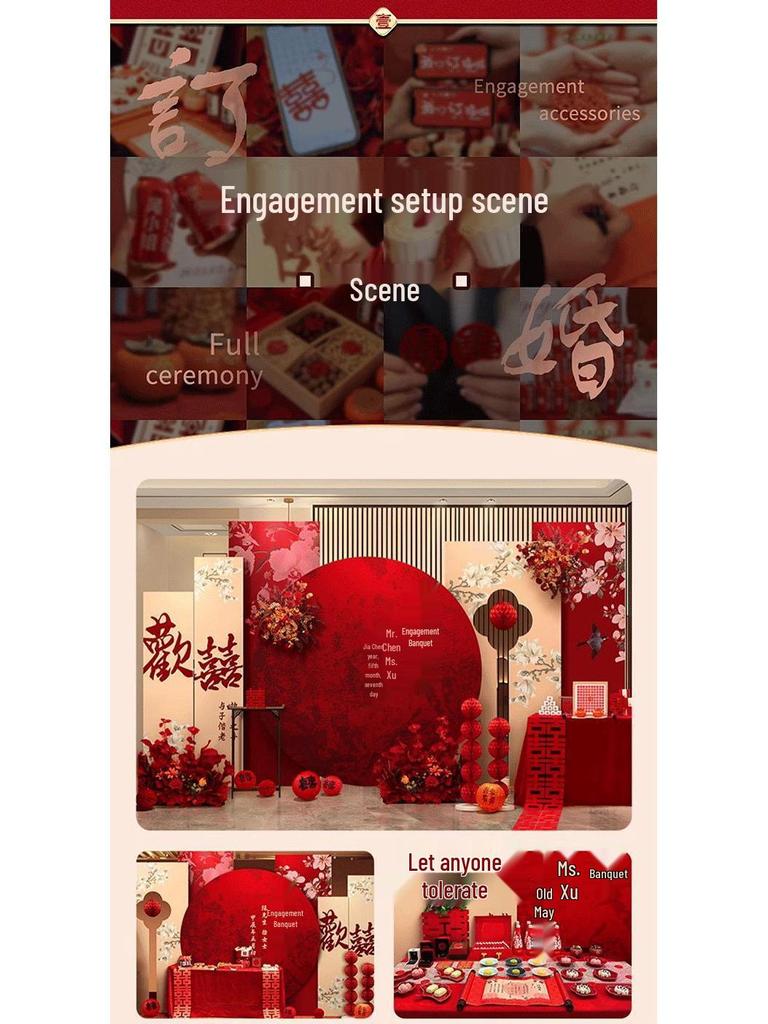 Complete Chinese Engagement Banquet Decoration Set with Backdrop and Tableware – Free Shipping