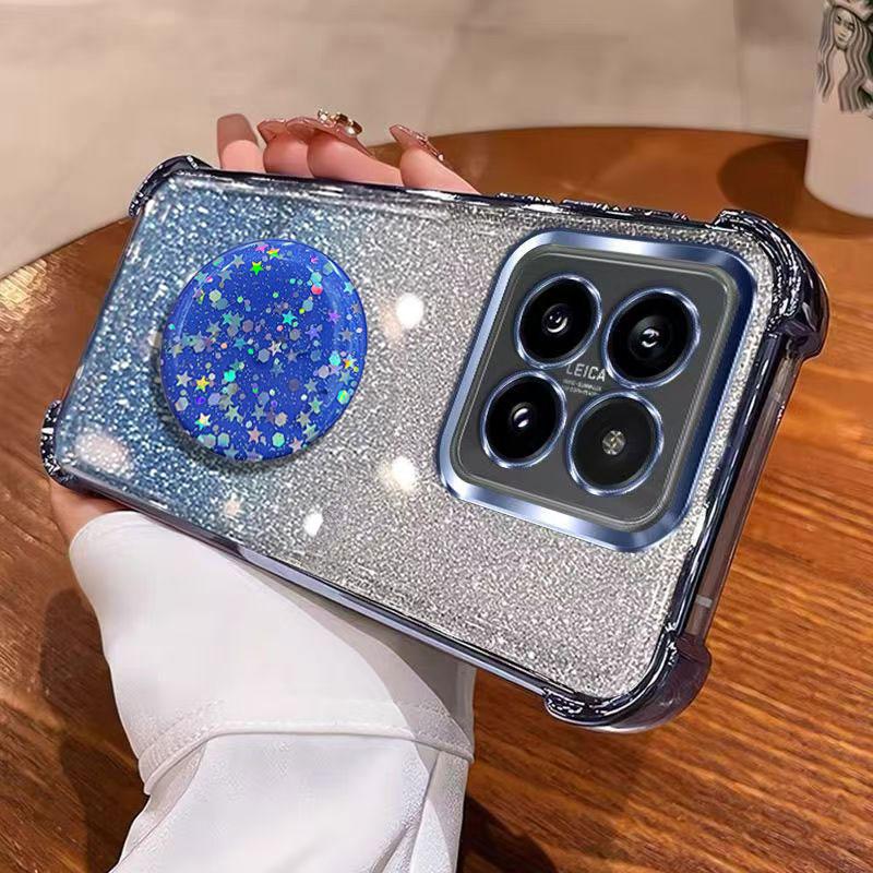 Luxury Shockproof Glitter Holder For Silicone Ring 14TPro Case For Xiaomi 14T 14 Ultra 13 12 Pro With Holder Stand Cover