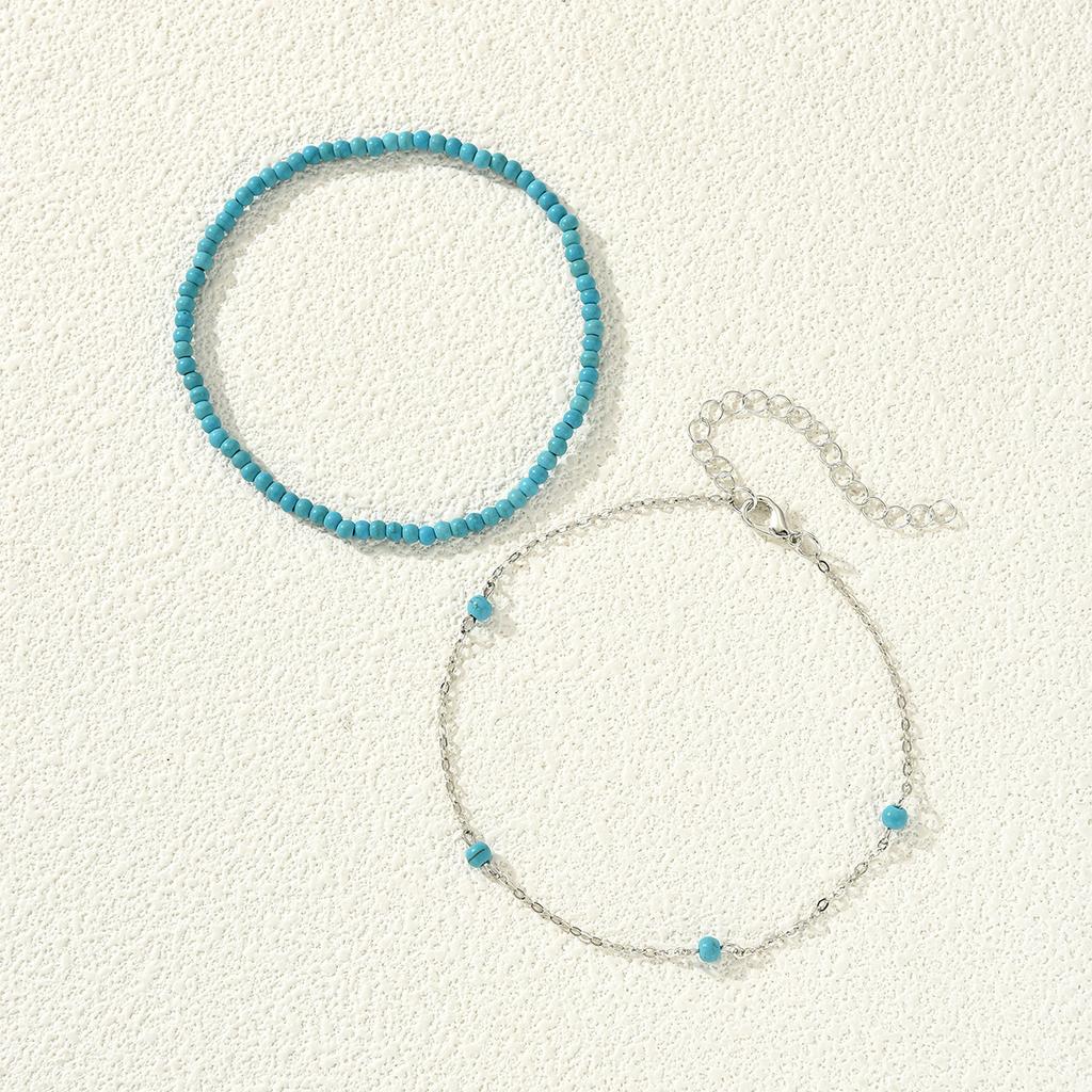 2 PCS Summer Beach Turquoise Rice Beads Anklet for Women Vintage Bohemian Silver Color Foot Chain Fashion Female Seaside Jewelry