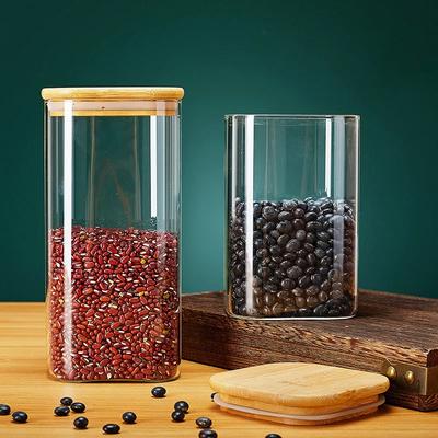 Square Glass Storage Jars with Bamboo Lid for Coffee Beans Grains Noodles Food Storage Containers  Kitchen Organizers Storage