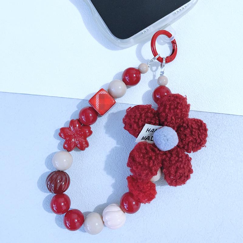 

1Pcs Plush Flower Phone Strap, Beaded Keychain for Women, Cute Winter Lanyard with Doodle Beads & Phone Gasket, Bag Charm червоний