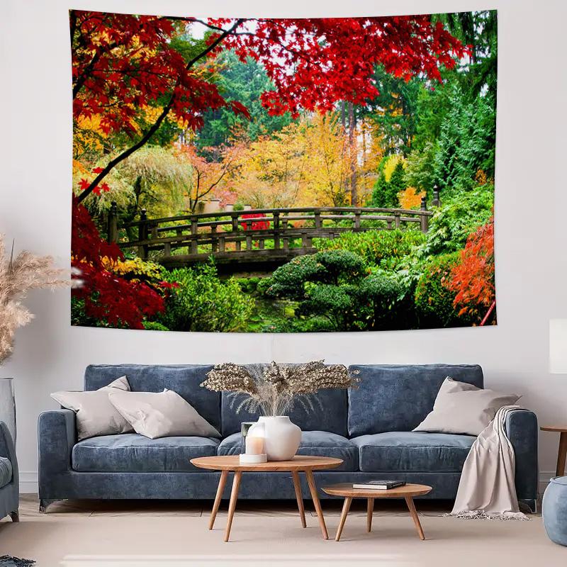 Autumn Colors by the Bridge Japanese Garden Landscape Decorative Tapestry