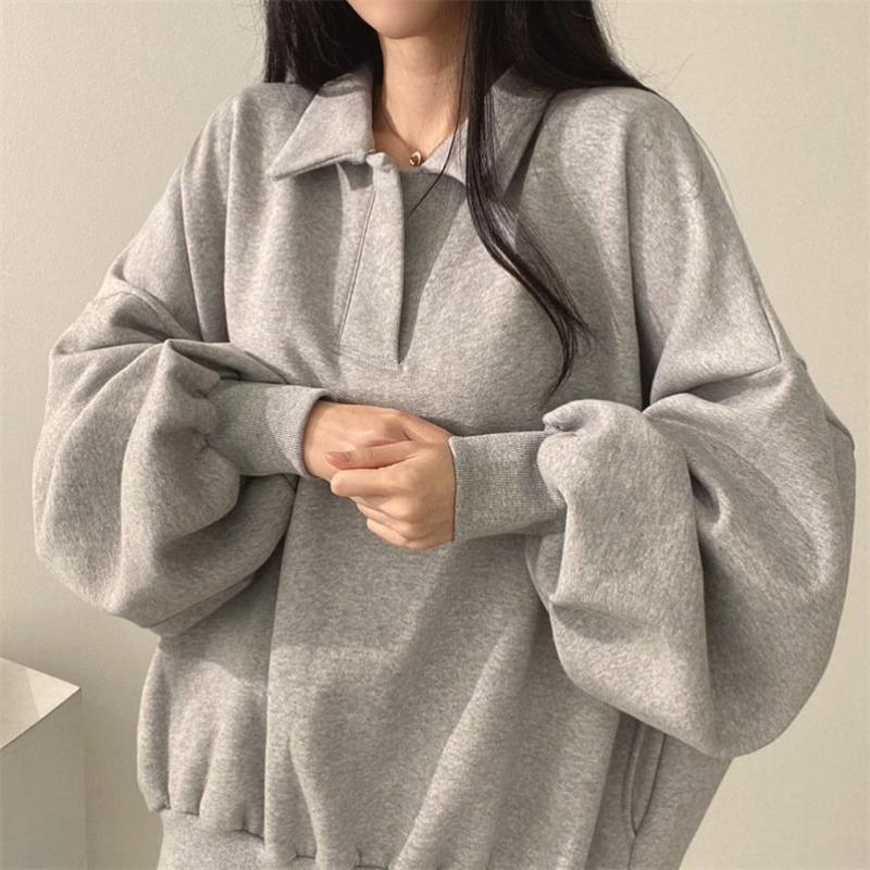 Women Polo Collar Loose Long Sleeve Casual Solid Sweatshirt Top Outerwear