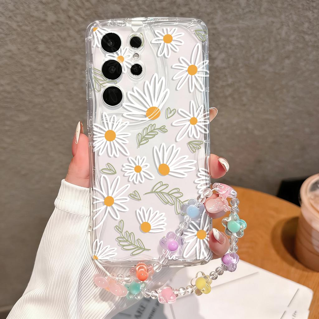 Clear Floral Leaf Chain Strap 3D Wave Case For IPhone 17 16 15 14 13 12 11 Pro Max 17 Pro 17 Air 16e 16 Plus 13 Mini Soft Cover