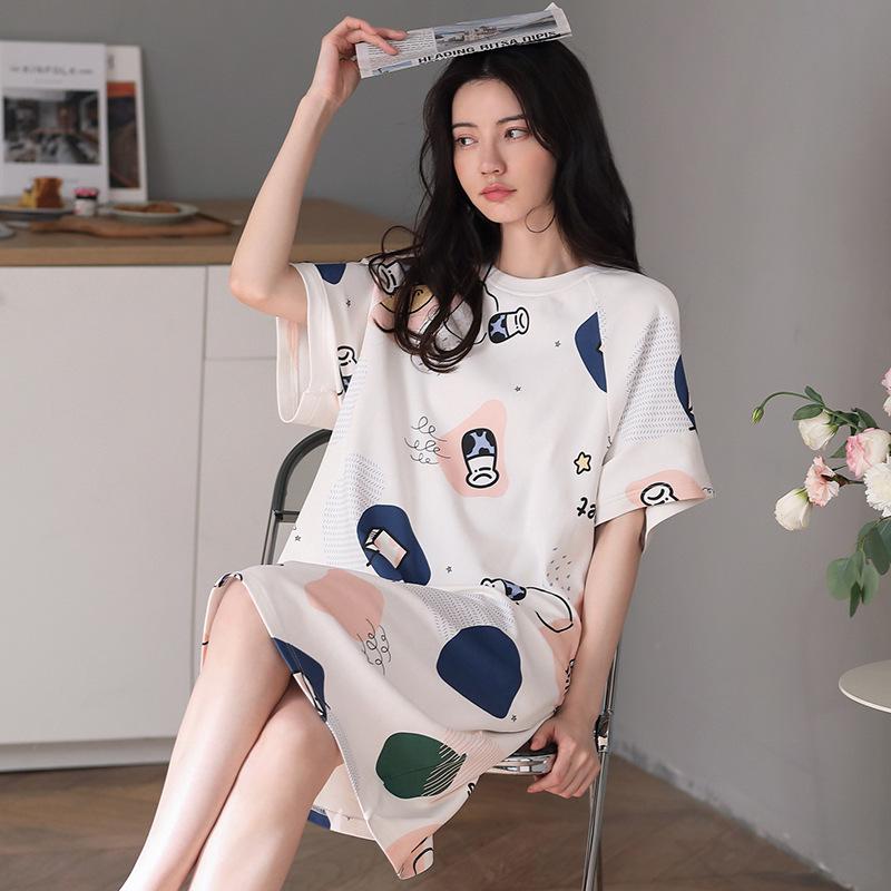 Women's Summer Short Sleeve Sleep Dress - Plus Size, Medium Length, Cute and Sweet