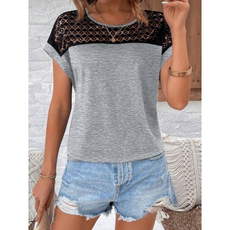 Spring Summer Women's Lace Round Neck Loose Shoulder Short Sleeved Women's T-shirt